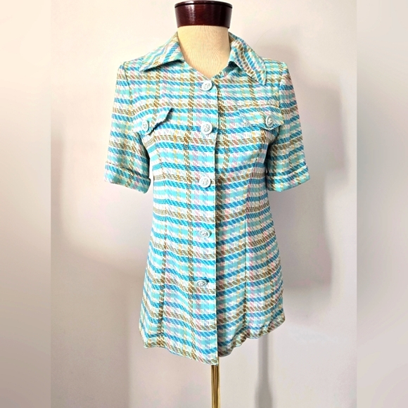 MOM retro 60s/70s Plaid Pastel Button-Up Top With Gem Buttons. Size 36/ Small - Picture 1 of 11